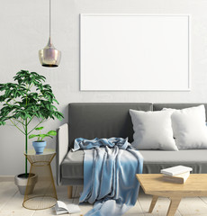 Modern interior of Scandinavian style. 3D illustration. poster mock up