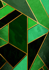 Modern and stylish abstract design poster with golden lines and green geometric pattern.