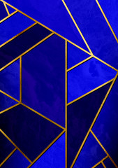 Modern and stylish abstract design poster with golden lines and blue geometric pattern. - 173452829