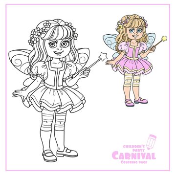 Cute girl in fairy costume  with a magic wand color and outlined for coloring page