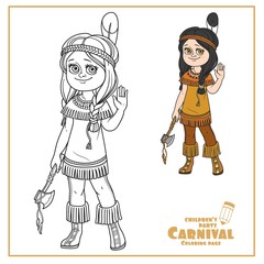 Cute girl in Indian costume color and outlined for coloring page