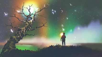 Tuinposter nachtlandschap van de jongen met de lichte bal die naar fantasieboom kijkt, digitale kunststijl, illustratie, schilderkunst © grandfailure