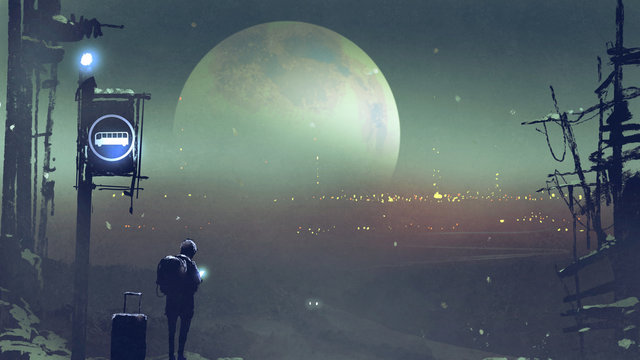 night scenery of the boy at the bus stop waiting, digital art style, illustration painting