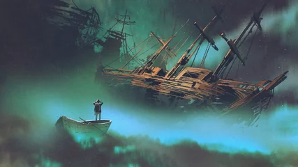 Tuinposter surreal scenery of the man on a boat in the outer space with clouds looking at derelict ship, digital art style, illustration painting © grandfailure