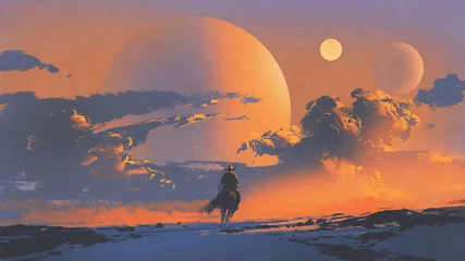 Fototapeten Cowboy, der ein Pferd gegen Sonnenunterganghimmel mit Planetenhintergrund reitet, digitaler Kunststil, Illustrationsmalerei © grandfailure