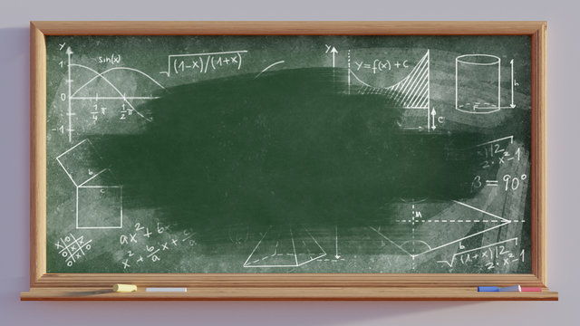 3D render of a blackboard and mathematical scribbles 