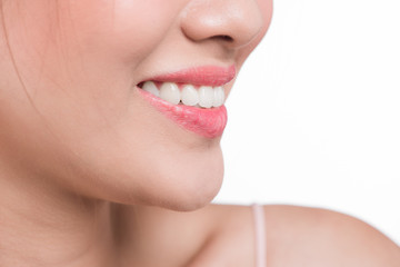 Obraz premium Beautiful smile young woman isolated on white. White teeth.