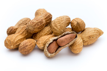Dried peanuts on the white background.