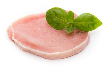 Fresh raw beef steak isolated on white background, top view.