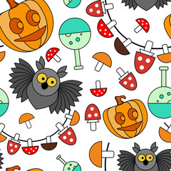 Seamless pattern. Halloween. Owl, pumpkin with a smile, retort, mushrooms, toadstools against a white background. Vector background.