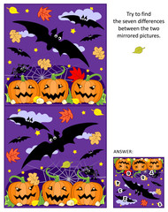 Halloween themed visual puzzle: Find the seven differences between the two mirrored pictures of flying bats, pumpkin field, spider. Answer included.

