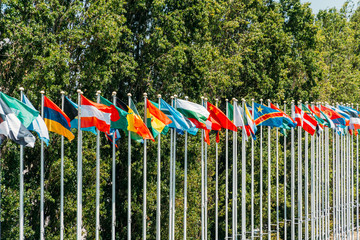 Fototapeta na wymiar World Flag Poles In Lisbon, Portugal