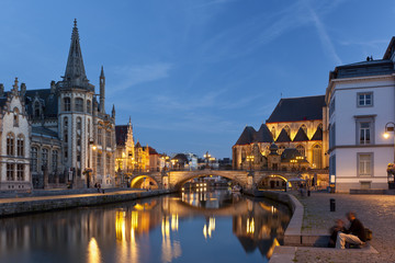 Fototapeta na wymiar Ghent Canal View At Night, Belgium
