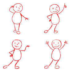Set of wax crayon like kid`s hand drawn funny doodle man. Vector simply line cartoon pastel chalk or pencil comic characters. Persons with smiley, happy, victory expressions.