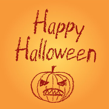 Wax crayon hand drawn funny scary happy halloween pumpkin with text letters. Vector simply line cartoon pastel chalk or pencil comic character. Spooky horror image of pumpkin. 