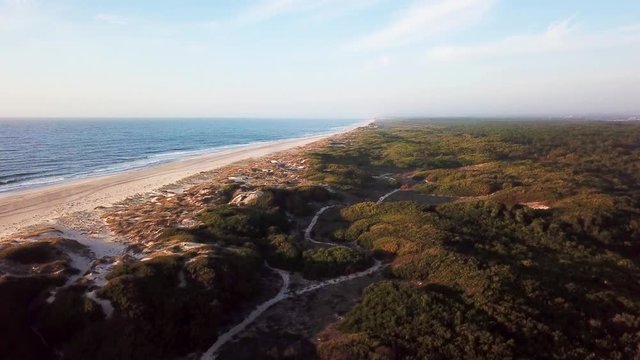 Aerial view of beach and sand dunes at sunset in Murtosa, Aveiro - Portugal. Aerial view.