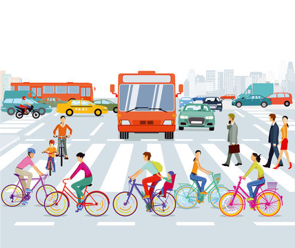 Fototapeta Stadt mit Radfahrer und Straßenverkehr, illustration 