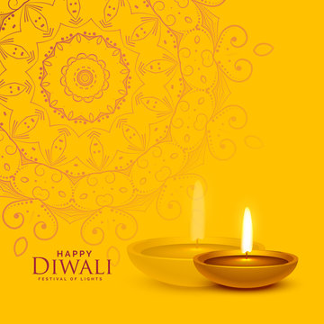 yellow festival background with diwali diya lamp and mandala decoration