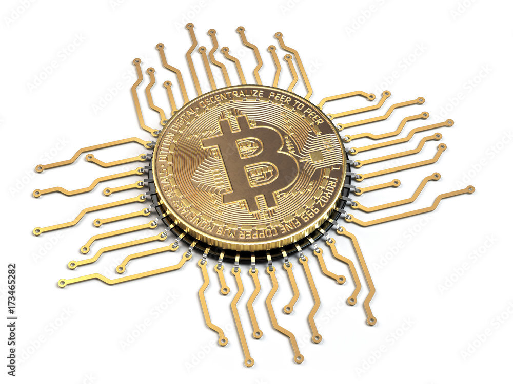 Poster Bitcoin like a  CPU computer processor isolated on white background.