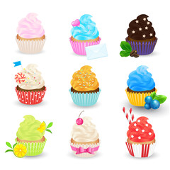 Cupcakes vector set isolated on white background. Sweet pastries