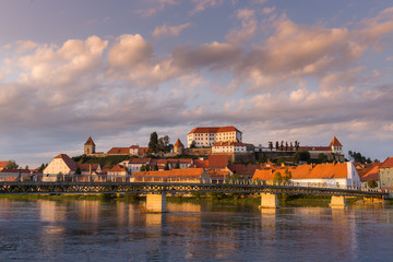 Ptuj, Slovenia, panoramic shot of oldest city in Slovenia with a castle overlooking the old town
