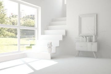 Idea of white empty room with stair. Scandinavian interior design. 3D illustration