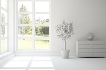 Fototapeta na wymiar Idea of white empty room with summer landscape in window. Scandinavian interior design. 3D illustration