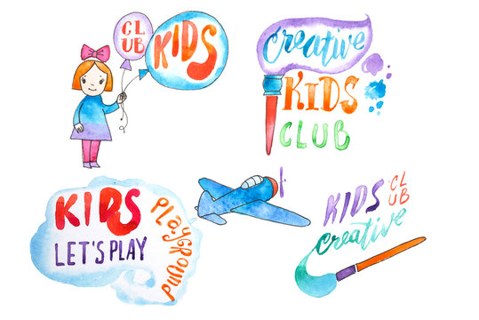 Hand-drawn watercolor logo set for kids club. Collection of promotional symbols for playground and entertaining center for children