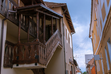 Wooden staircase on the old building.