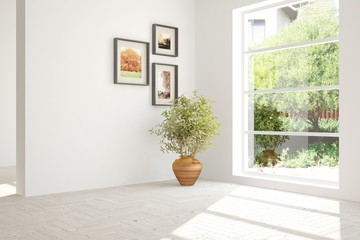 Idea of white empty room with summer landscape in window. Scandinavian interior design. 3D illustration
