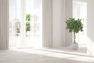 Inspiration of white empty room with summer landscape in window. Scandinavian interior design. 3D illustration