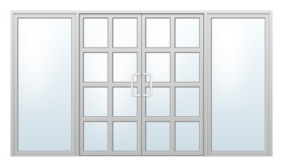 Vector illustration of aluminium door and chrome door handle and glass isolated on white background.