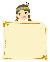 happy Native American girl holding an empty banner. Thanksgiving background design cartoon vector