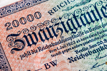 Twenty thousand mark (20,000 marks) bank note from the German Reichsbank, July 1923, as a result of...