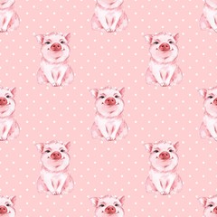 Seamless pattern with pig. Pink background. Polka dot