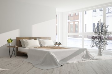 Idea of white minimalist bedroom. Scandinavian interior design. 3D illustration
