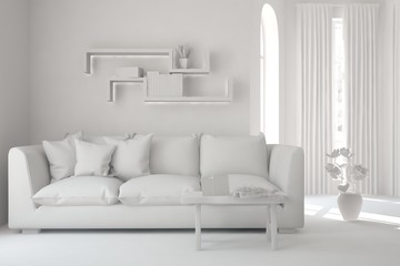 Idea of white room with sofa. Scandinavian interior design. 3D illustration