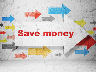 Banking concept: arrow with Save Money on grunge wall background