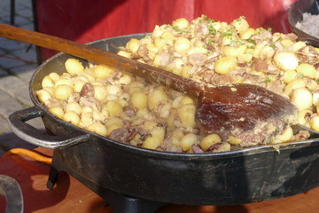 traditional slovak meal halusky in a big pot