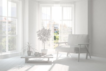 Fototapeta na wymiar Inspiration of white room with armchair. Scandinavian interior design. 3D illustration