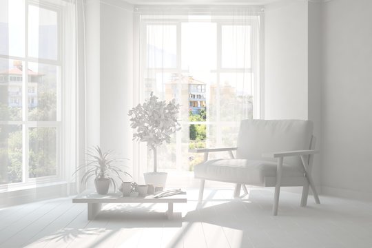 Inspiration of white room with armchair. Scandinavian interior design. 3D illustration