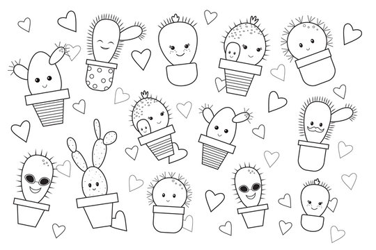 Funny cartoon cactus for kids, coloring book. Doodle style. Vector illustration.