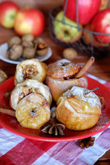 Apples baked in the oven with cottage cheese and walnuts