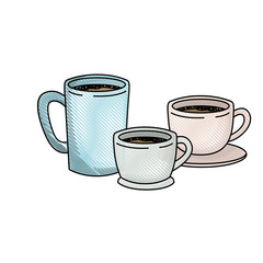 coffee cup set colored crayon silhouette vector illustration