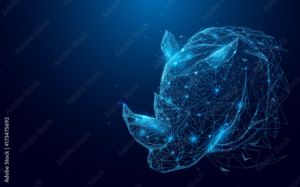 Aufkleber rhino from lines and triangles, point connecting network on blue background. illustration vector