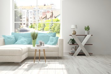 Idea of white room with sofa and summer landscape in window. Scandinavian interior design. 3D illustration
