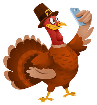Thanksgiving Day. Turkey in a hat making selfie. Cartoon styled vector illustration. Elements is grouped. No transparent objects. Isolated on white.