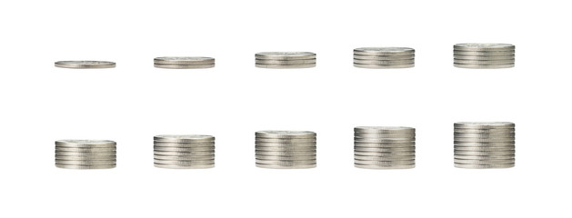 growing money graph on 1 to 10 rows of coin and pile of silver coins stack isolated on white background with clip path. Income, profits, finance, Investment, Interest and Saving money concept.
