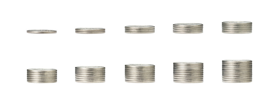 Growing Money Graph On 1 To 10 Rows Of Coin And Pile Of Silver Coins Stack Isolated On White Background With Clip Path. Income, Profits, Finance, Investment, Interest And Saving Money Concept.