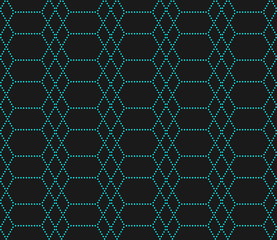 Digital neon ornament made of lines of bright cyan dots on dark background, seamless vector pattern - 173478685